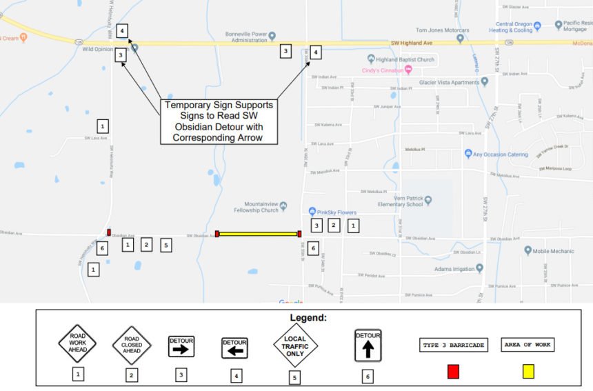 Obsidian Avenue closure Redmond map
