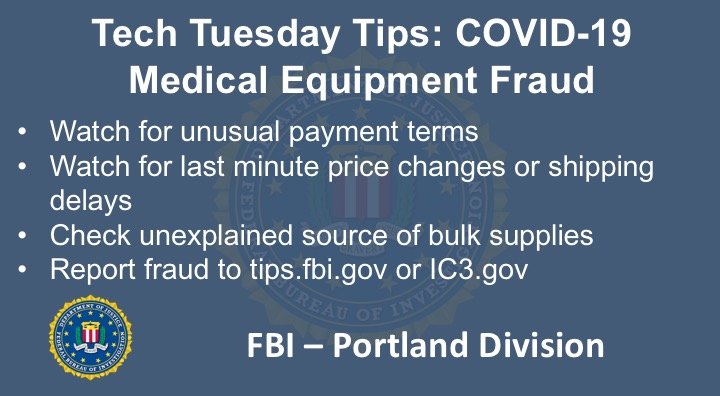 Oregon FBI Tech Tuesdsay COVID-19 medical equipment fraud