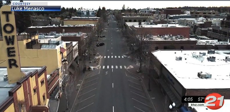 Empty downtown Bend streets drone Luke Menasco
