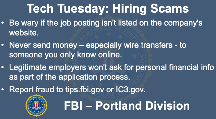 Oregon FBI Tech Tuesday hiring scams