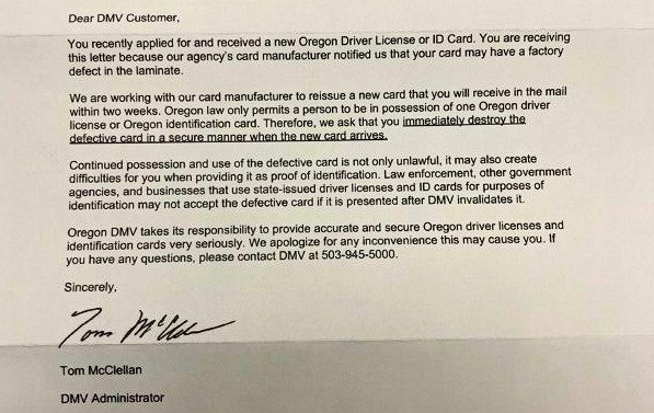 DMV ID cards defect letter