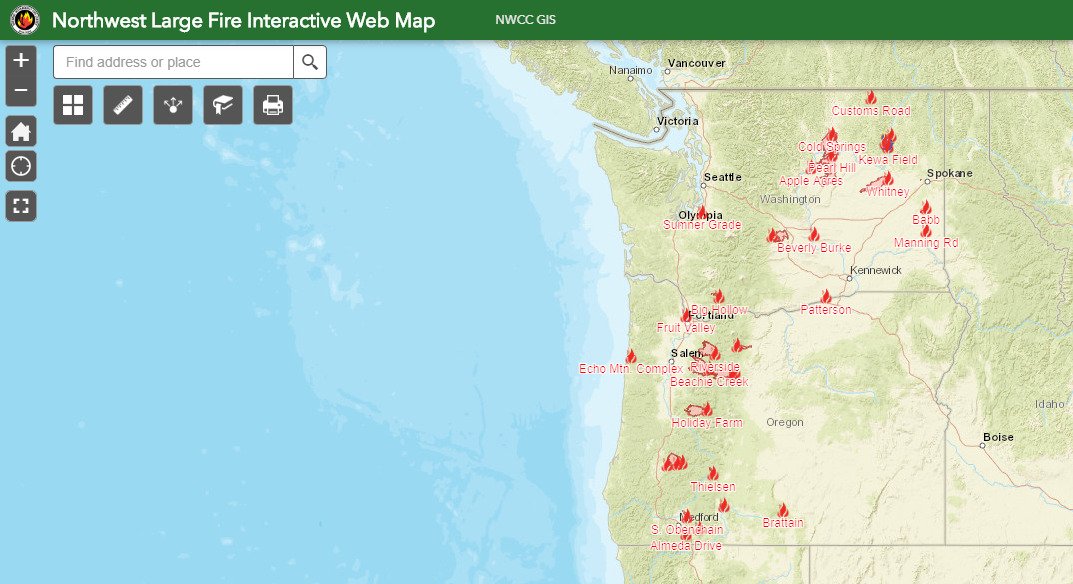 NW Interagency Coordination Center offers interactive map of the largest fires burning across the region