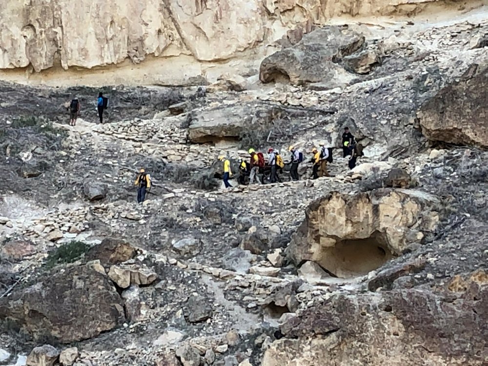 Deschutes County Sheriff's Search and Rescue, Redmond Fire medics bring an injured hiker down from Misery Ridge at Smith Rock on Sunday