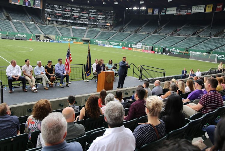 Gov. Kate Brown speaks at reopening celebration at Providence Park in Portland