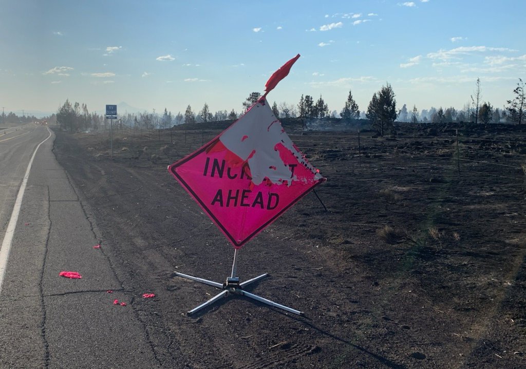 ODOT warning sign showed the effects of wildfire that hit SE Redmond on Tuesday