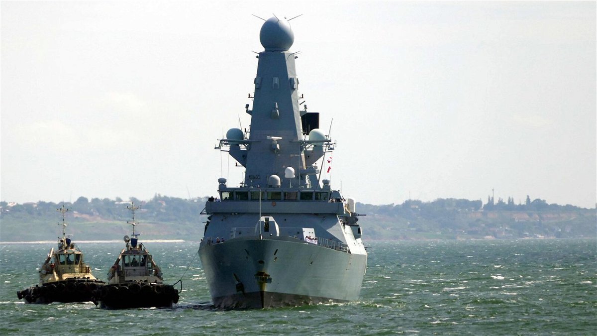 <i>Yulii Zozulia/Ukrinform/Barcroft Media/Getty Images</i><br/>The Royal Navy's HMS Defender is pictured at the port of Odessa