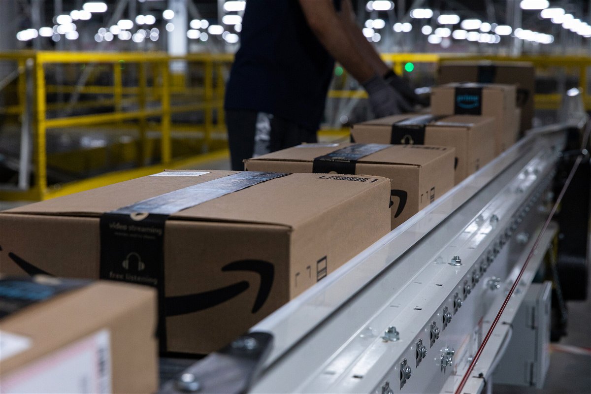 <i>Rachel Jessen/Bloomberg/Getty Images</i><br/>Boxes move along a conveyor belt at an Amazon fulfillment center on Prime Day in Raleigh