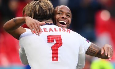 Raheem Sterling of England celebrates with Jack Grealish after scoring their side's first goal during the UEFA Euro 2020 Championship Group D match between Czech Republic and England at Wembley Stadium on June 22 in London