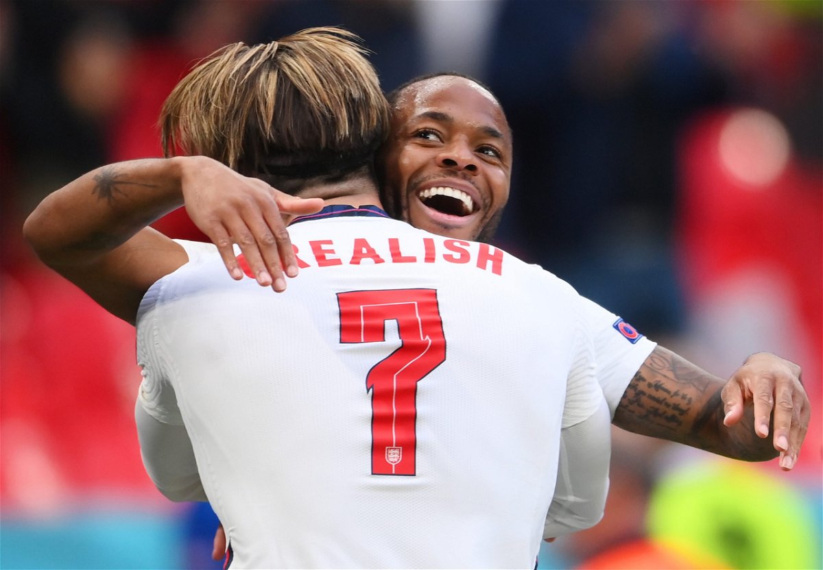 <i>Laurence Griffiths/Getty Images Europe/Getty Images</i><br/>Raheem Sterling of England celebrates with Jack Grealish after scoring their side's first goal during the UEFA Euro 2020 Championship Group D match between Czech Republic and England at Wembley Stadium on June 22 in London