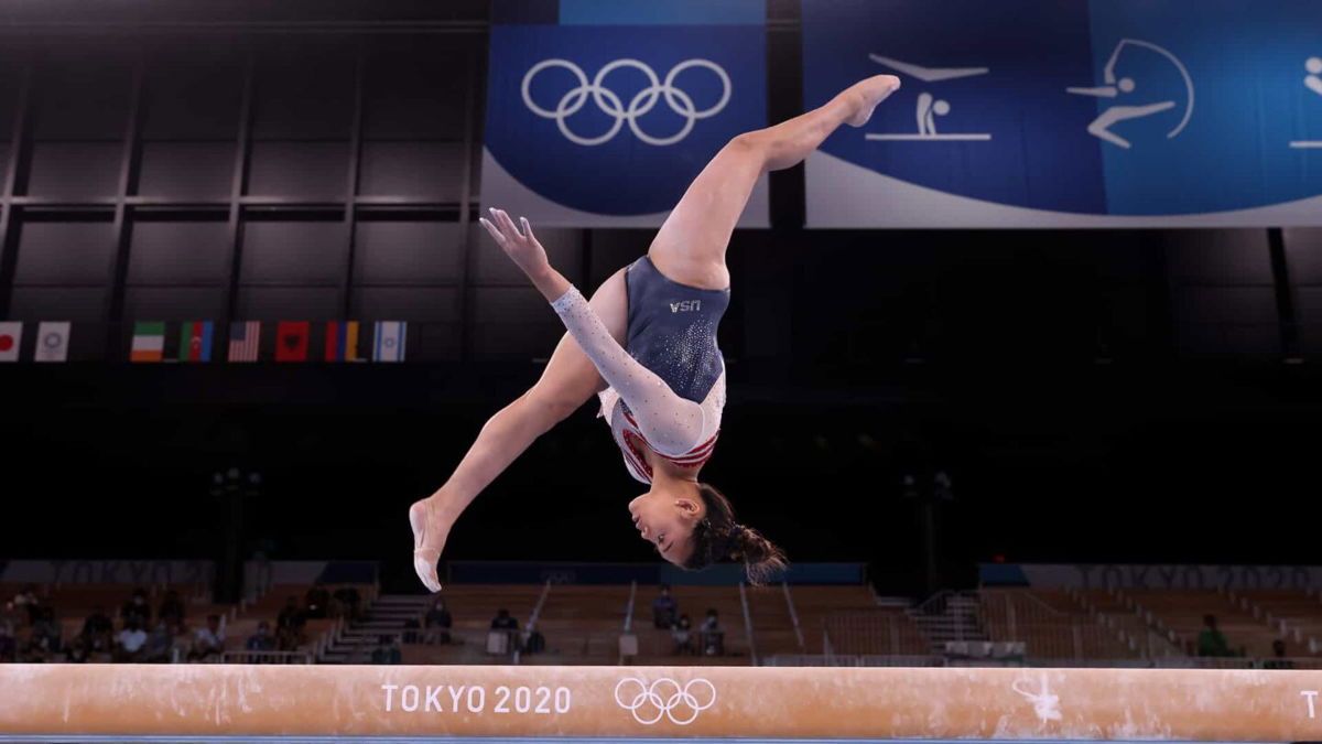 Suni Lee performs her uneven bars set in the gymnastics all-around at the 2020 Tokyo Olympic Games