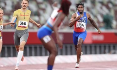 Elija Godwin of Team United States competes in the Mixed 4x400 metres relay round 1