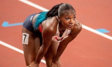 Dina Asher-Smith of Great Britain reacts to missing out on a place in the final after the 100m semi finals for women during the Athletics competition at the Olympic Stadium at the Tokyo 2020 Summer Olympic Games
