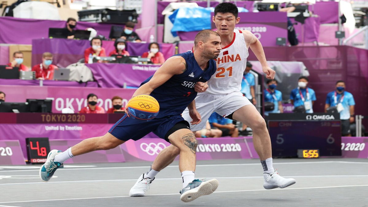 Dusan Bulut dribbles during a 3x3 basketball game