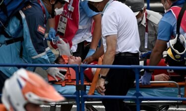 USA's Connor Fields receives medical assistance after the cycling BMX racing men's semi-finals run at the Ariake Urban Sports Park during the Tokyo 2020 Olympic Games