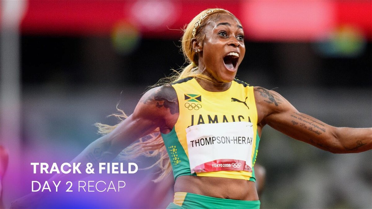 Elaine Thompson-Herah of Team Jamaica celebrates crossing the finish line to win the gold medal in the Women's 100m Final on day eight of the Tokyo 2020 Olympic Games