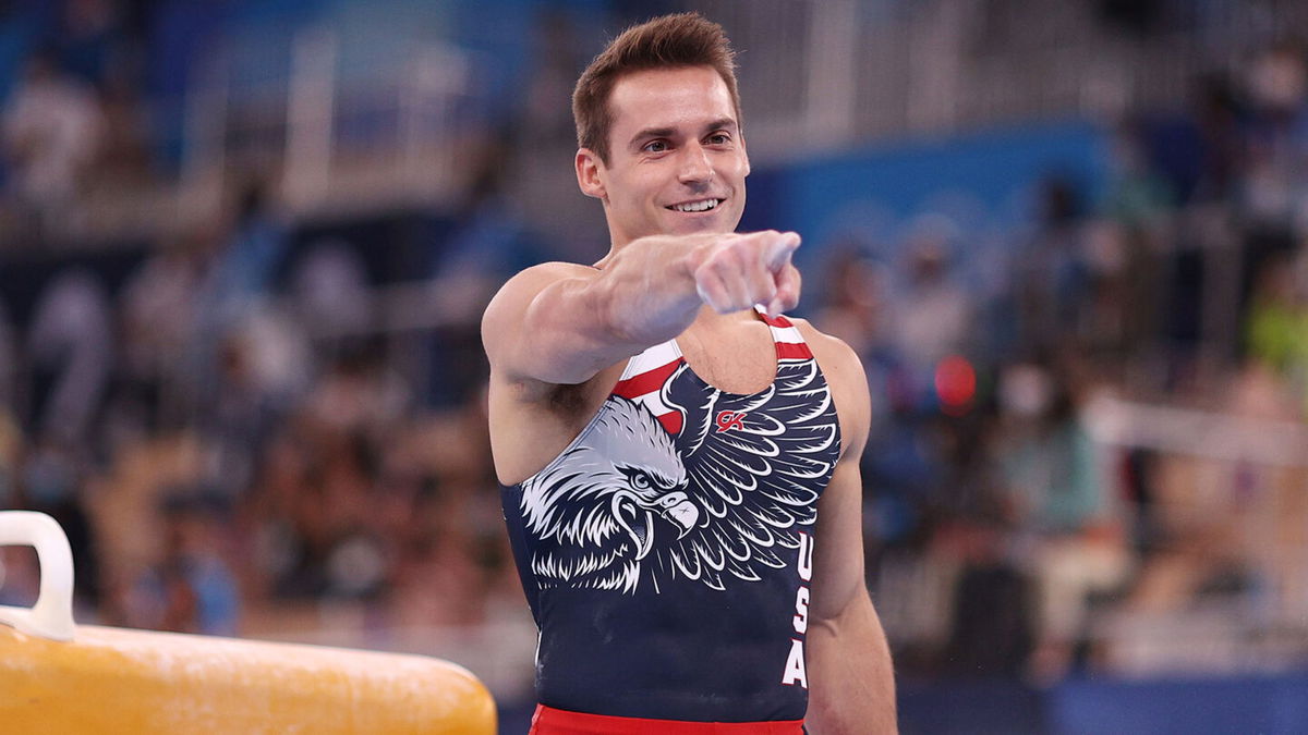 Sam Mikulak reacts in Tokyo