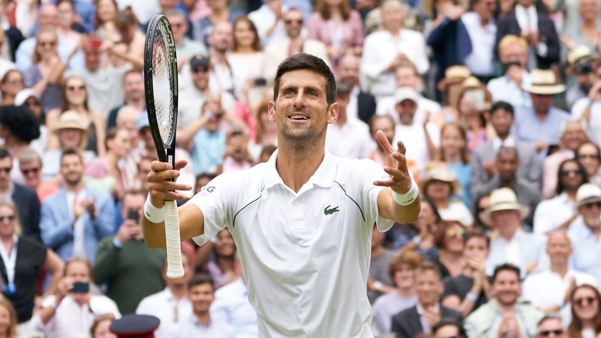 Novak Djokovic raises his hands in celebration