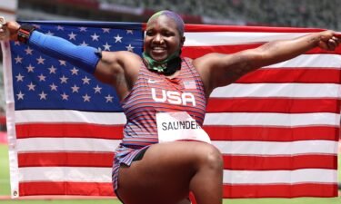 Raven Saunders of Team United States reacts after winning the silver medal in the Women's Shot Put Final on day nine of the Tokyo 2020 Olympic Games