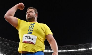 Sweden's Daniel Stahl reacts while competing in the men's discus throw final during the Tokyo 2020 Olympic Games