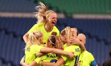 Fridolina Rolfo celebrates the second of her goals for Sweden versus Australia