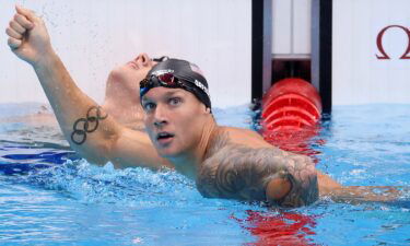 Caeleb Dressel of Team USA reacts after winning the second semifinal of the Men's 100m Butterfly.