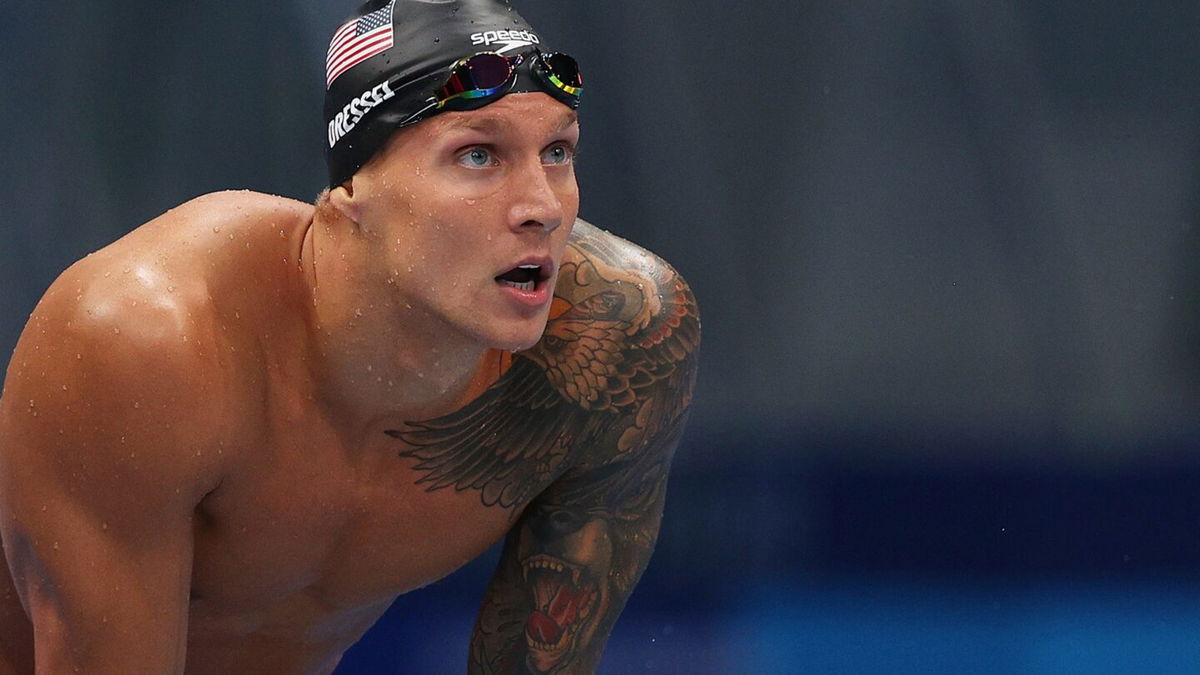 Caeleb Dressel prepares to race the men's 100m freestyle on Day 6 at the Tokyo Olympics.