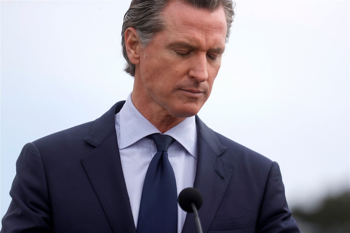 <i>Justin Sullivan/Getty Images</i><br/>Gavin Newsom speaks during a news conference after touring the vaccination clinic on April 6 in San Francisco