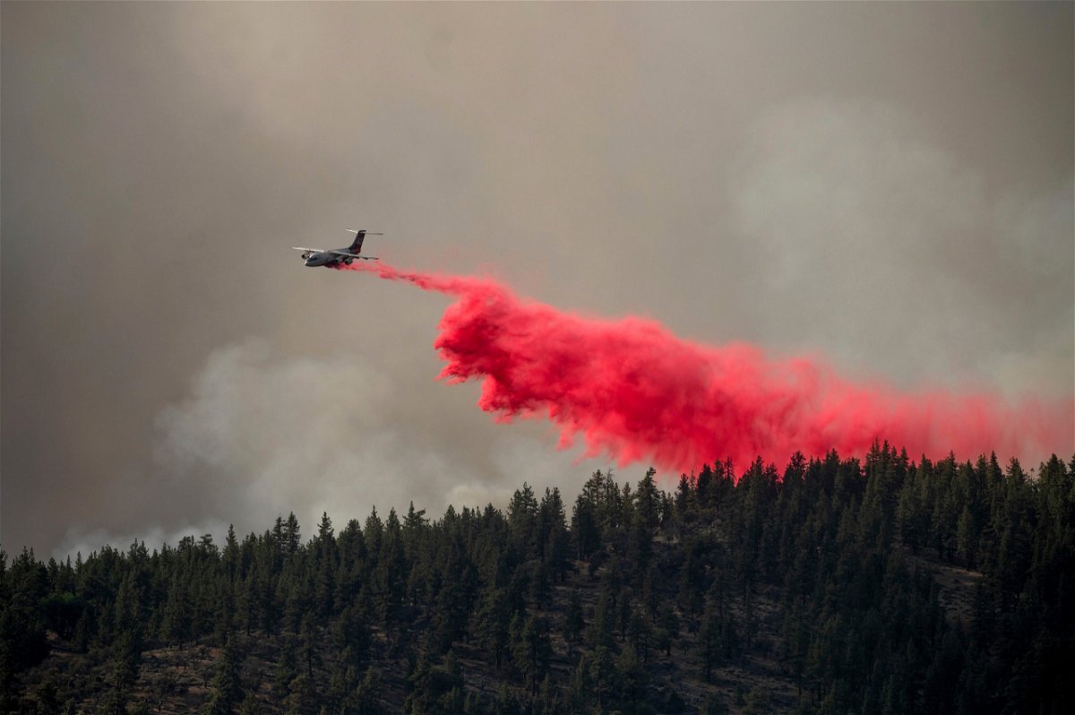 <i>Noah Berger/AP</i><br/>An air tanker drops retardant to keep the Sugar Fire from reaching the Beckwourth community of unincorporated Plumas County