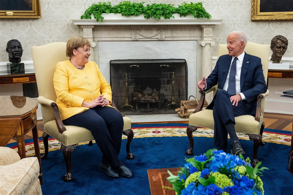 <i>Doug Mills/Pool/Getty Images</i><br/>German Chancellor Angela Merkel and U.S. President Joe Biden make brief remarks to the press before a meeting in the Oval Office at the White House on July 15 in Washington