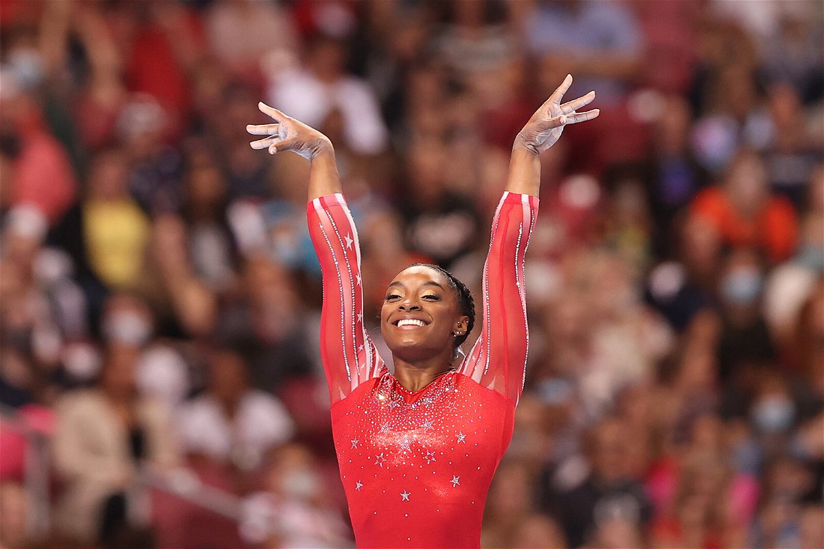 <i>Carmen Mandato/Getty Images</i><br/>Simone Biles competes in the floor exercise during the Women's competition of the U.S. Gymnastics Olympic Trials on June 27.