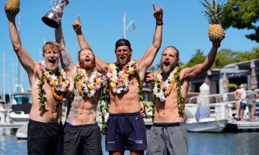 The Lat 35 team celebrates after rowing from San Francisco to Honolulu.
