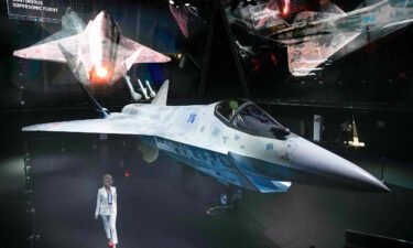 A prototype of Russia's new Sukhoi "Checkmate" fighter is on display at the MAKS 2021 International Aviation and Space Salon