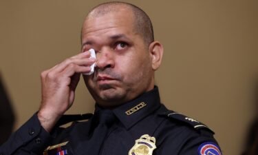 U.S. Capitol Police officer Sgt. Aquilino Gonell becomes emotional as he testifies before the House Select Committee investigating the January 6 attack on the U.S. Capitol on July 27 at the Canon House Office Building in Washington