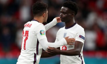 Bukayo Saka (right) and team mate Jadon Sancho (left) during the UEFA Euro 2020 Championship Group D match between Czech Republic and England at Wembley Stadium on June 22