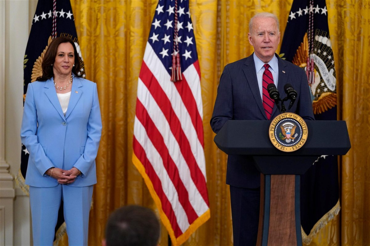<i>Evan Vucci/AP</i><br/>President Joe Biden and Vice President Kamala Harris will hold separate events Thursday to focus on voting rights. Biden and Harris are seen here at the White House on June 24.