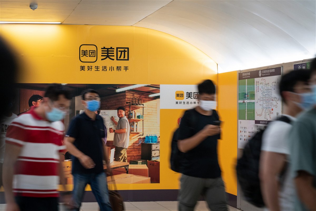 <i>Yan Cong/Bloomberg/Getty Images</i><br/>A Meituan ad inside a subway station is pictured in Beijing in July. Chinese tech stocks keep getting slammed with a massive sell-off that has wiped out hundreds of billions of dollars in market value as investors continue to digest Beijing's widening crackdown on private enterprise.