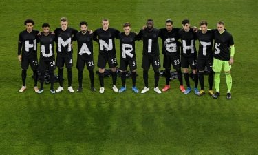 Players of Germany wear t-shirts which spell out "Human Rights" prior to the FIFA World Cup 2022 Qatar qualifying match between Germany and Iceland on March 25 in Duisburg