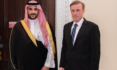 This photo tweeted by Khalid Bin Salman shows him with US national security adviser Jake Sullivan.