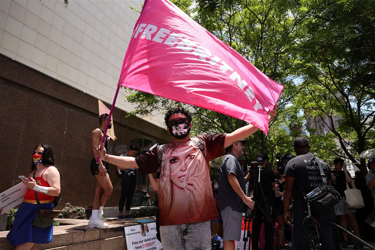 <i>Rich Fury/Getty Images</i><br/>#FreeBritney activists protest at Los Angeles Grand Park during a conservatorship hearing for Britney Spears on June 23 in Los Angeles