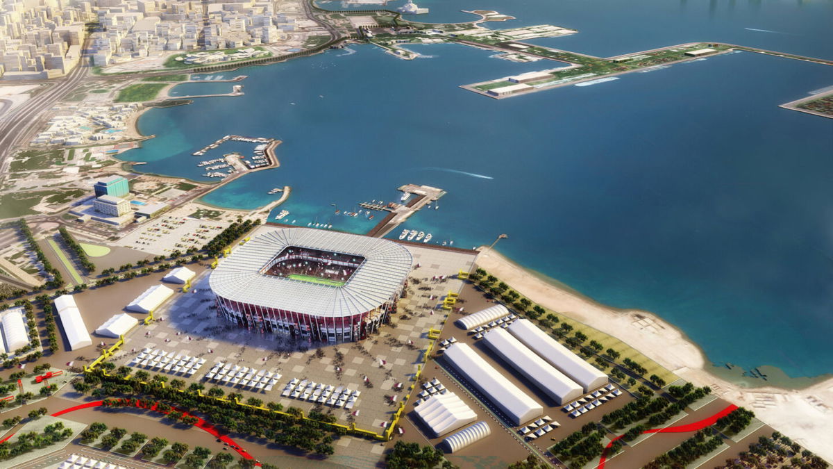 <i>2022 Supreme Committee for Delivery and Legacy via Getty Images</i><br/>A bird's eye view of the Ras Abu Aboud stadium is seen in this undated computer-generated artists impression provided by 2022 Supreme Committee for Delivery and Legacy.
