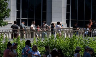 People wait in line to enter the Smithsonian's Natural History Museum as the DC area experiences a heatwave on June 30