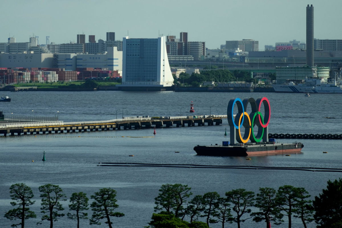 <i>Charlie Riedel/AP</i><br/>The Olympic Rings float on a barge at Odaiba Marine Park as Tokyo prepares for the 2020 Summer Olympics
