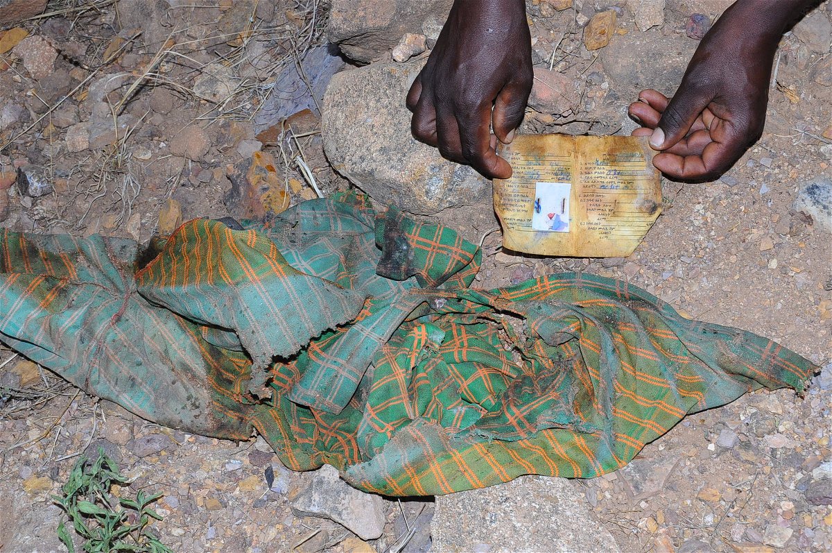 <i>Obtained by CNN</i><br/>One photograph from the scene of clothing and an ID card left at the scene of the massacre in Mahibere Dego