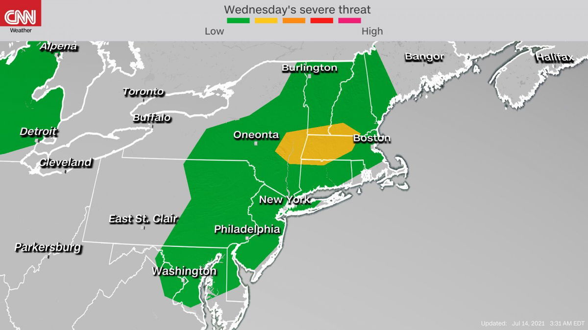 <i>CNN Weather</i><br/>Storm Prediction Center's severe weather outlook in the Northeast on July 14.