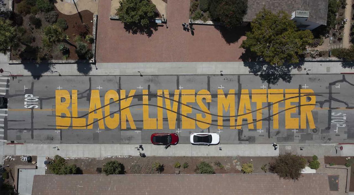 <i>Santa Cruz Police Department</i><br/>Santa Cruz police released this image showing damage to a Black Lives Matter mural. Two men are facing charges for the vandalization
