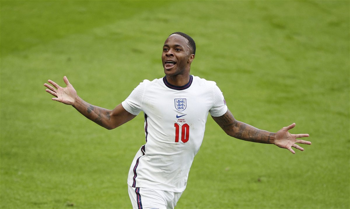 <i>John Sibley - Pool/Getty Images Europe/Getty Images</i><br/>Raheem Sterling celebrates after scoring England's opening goal of the game