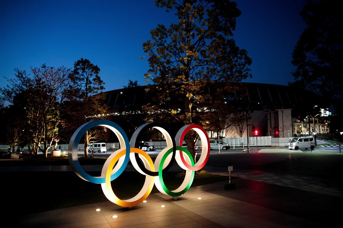 <i>BEHROUZ MEHRI/AFP/AFP via Getty Images</i><br/>The Olympic rings are displayed outside the National Stadium