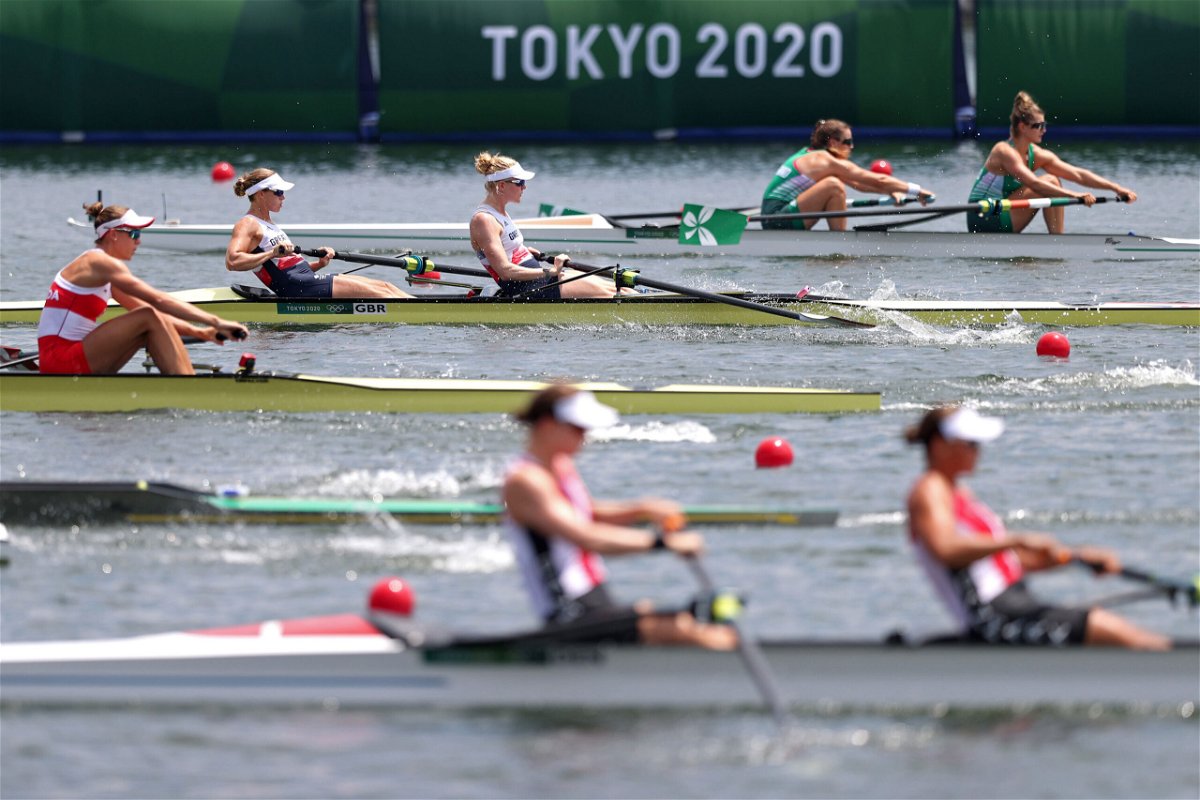 <i>Naomi Baker/Getty Images</i><br/>Helen Glover and Polly Swann compete in the women's pair semifinals at the Tokyo Olympics.
