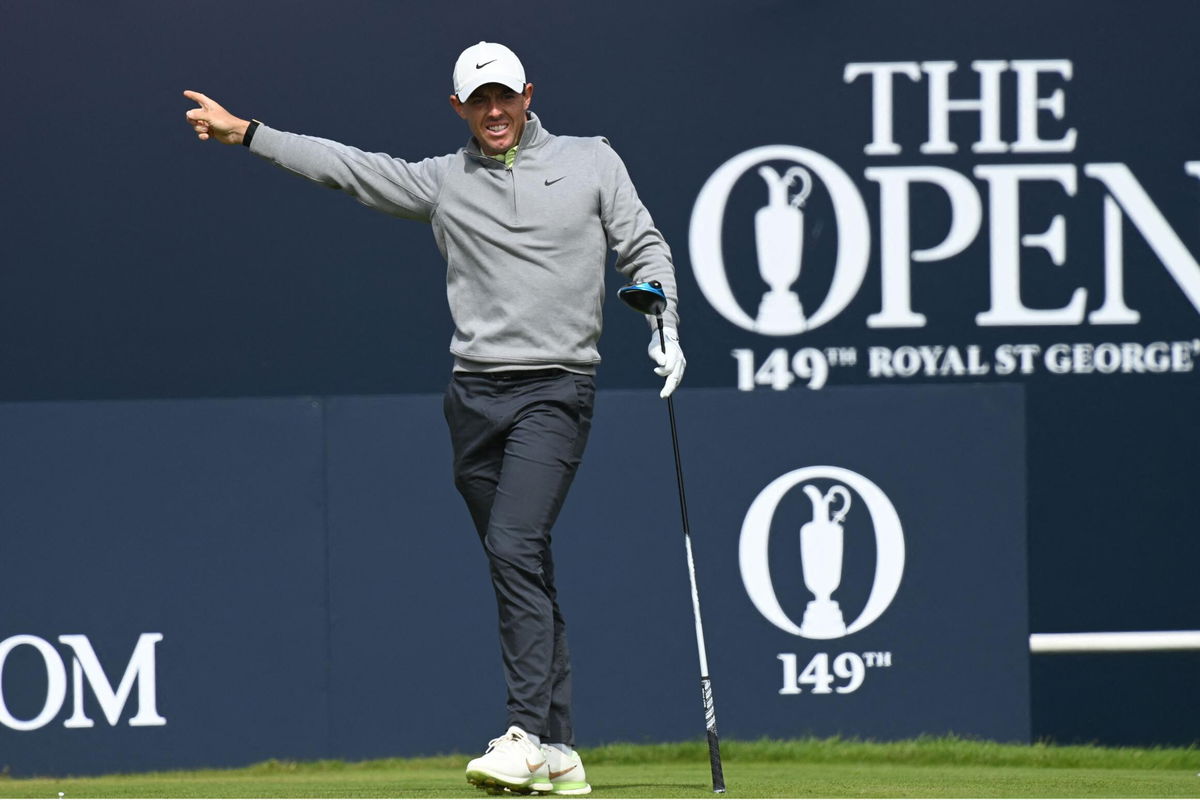 <i>GLYN KIRK/AFP/AFP via Getty Images</i><br/>McIlroy tees off from the 1st hole during his second round of The Open.