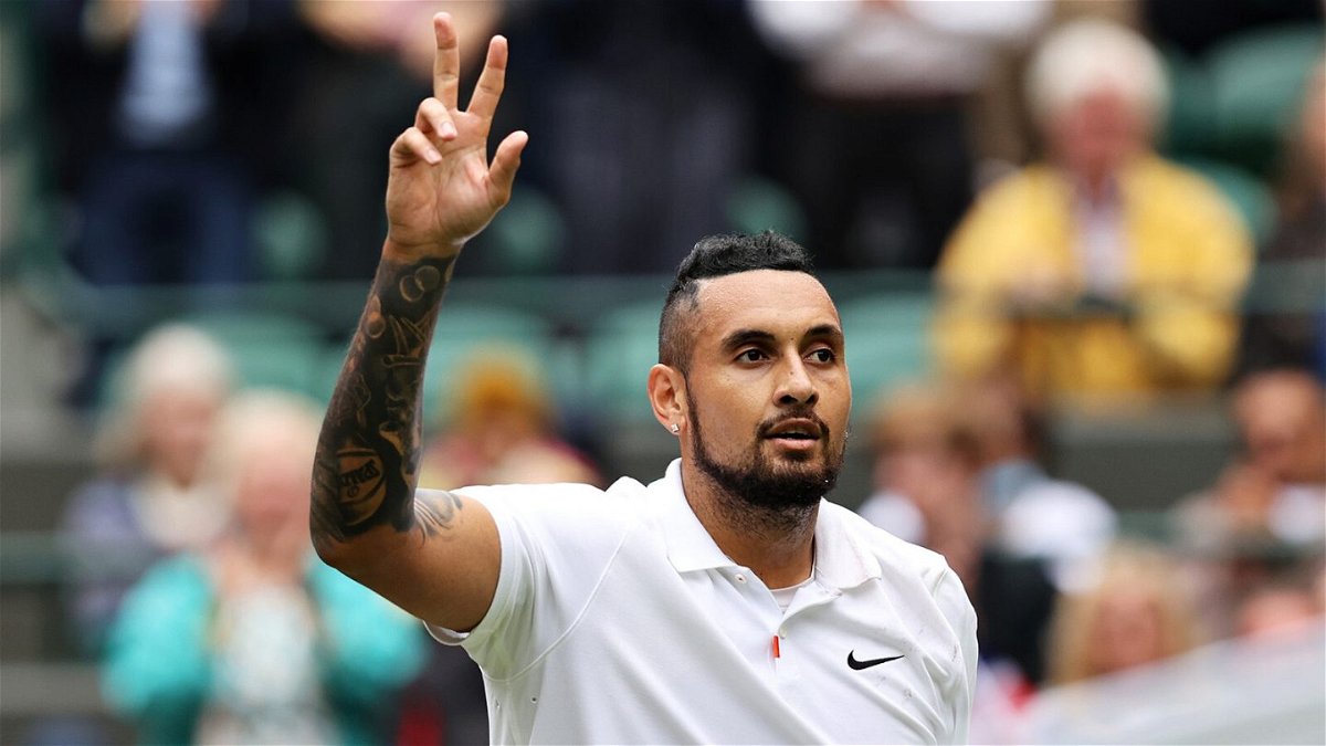 <i>Clive Brunskill/Getty Images</i><br/>Kyrgios celebrates his win over Ugo Humbert of France.